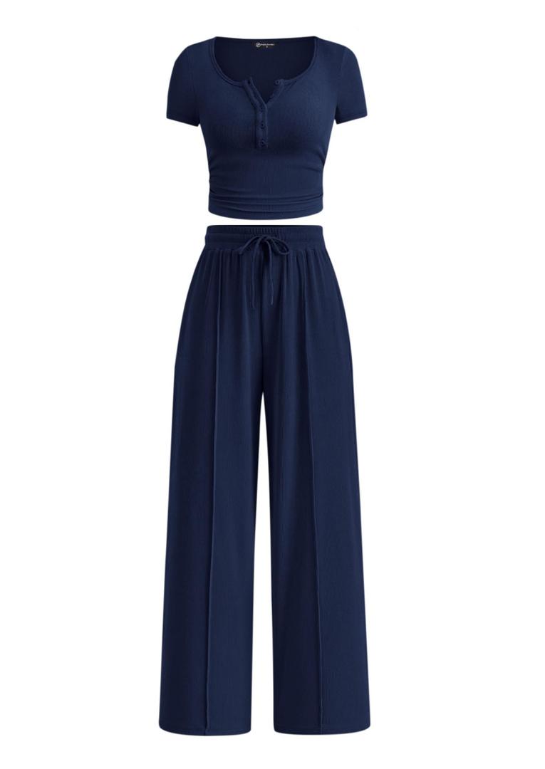 PRETTYGARDEN Womens 2 Piece Outfits Summer 2026 Ribbed Knit Button Short Sleeve Tops Casual Wide Leg Pants Lounge Sets Small