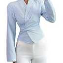 Milumia Women's Striped Long Sleeve Wrap Blouse Asymmetrical Collared Dressy Casual Shirt Tops Blue and White Medium