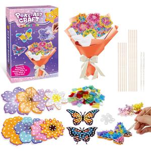 Britik Arts and Crafts for Kids Ages 8-12: Poke in Fun Art Kits for Girls, Poke Art Flower Bouquet Craft Kit, Fabric Arts for Kids DIY Flower Bouquet Kit Birthday Gift for Girls 8 9 10 11 12, Orange