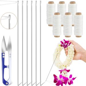 Leriton 13 Pcs Lei Needle Kit, 6 Pcs 10.2' Stainless Steel Long Needle for Hawaiian Leis 6 Twine 1 Sewing Scissors Making Kit for DIY Graduation Hawaiian Flower Wreath Craft Accessory