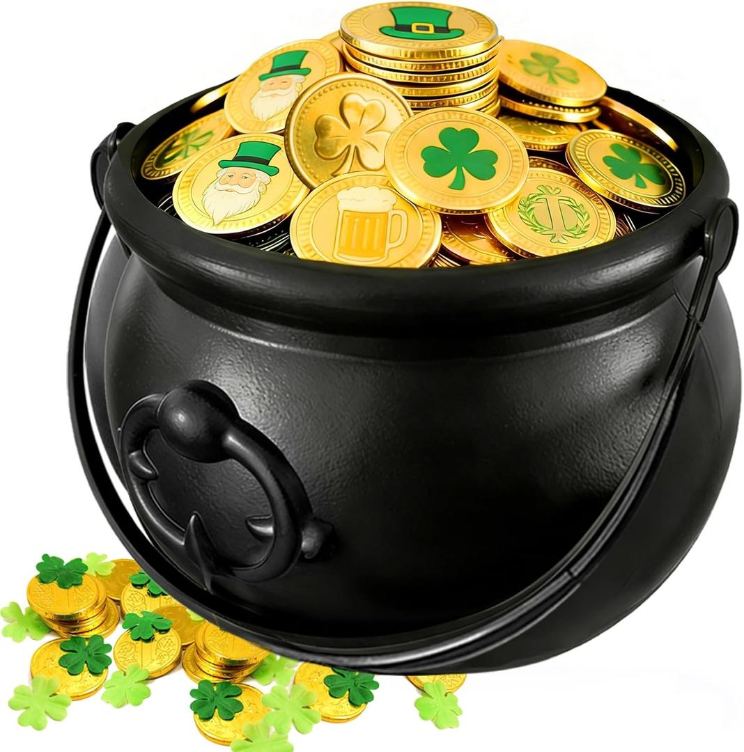 109oz St Patricks Cauldron Set,Portable Witch Candy Pot Bucket for Gold Decoration Halloween Trick or Treat Party Supplies with 70MM Clear Plastic Balls NO COINS INSIDE
