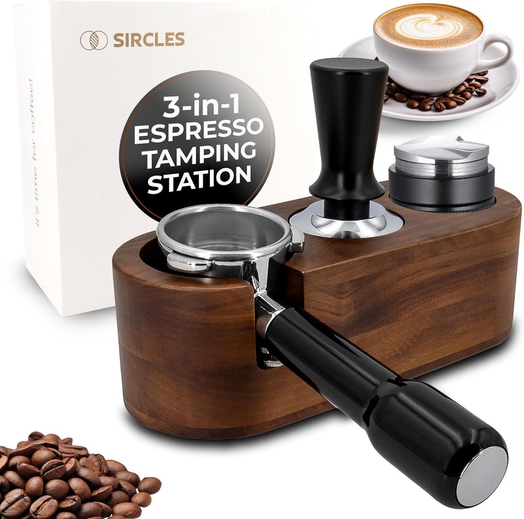 SIRCLES Espresso Tamping Station 51/53/54/58mm - Premium 3-in-1 Espresso Tamper Station, Distributer and Portafilter Holder - Espresso Organizer Station (51-58mm, 3 in 1 walnut)