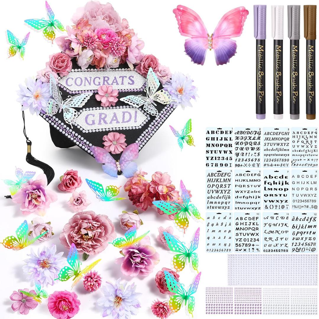 Lyrow 51 Pcs DIY Graduation Cap Decorations Kits Included Grad Cap Pens Faux Flowers Letter Number Stencils Rhinestones Stickers 3D Butterflies for Grad Hat Topper Decors Craft Art DIY(Dark Purple)