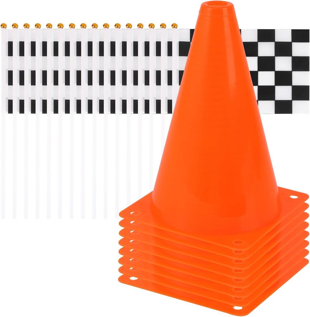 Mini Traffic ConesWith Hole on Topwith Racing Checkered Flags, Sports Safety Cones for Soccer Cones and Basketball Practice Equipment - Mini Orange Cones for Soccer Practice and Small Driving Practice Cones.Race Car Birthday Party Supplies, Kids Gift. (8PCS Cones) (24PCS)