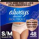 Always Discreet Boutique Incontinence and Postpartum Underwear for Women, Maximum Protection, Small/Medium, Rosy, 48 Count (4 Packs of 12)