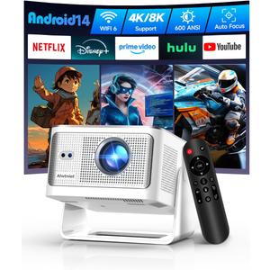 Smart Projector with 4K 8K Support, Android 14 Mini Projector with WiFi6 and Bluetooth5.4, 600 ANSI, Auto Focus & Obstacle Avoidance, 1080P Portable Movie Projector for Home Outdoor, Alwtniet HY350Max