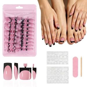 3 x 60Pcs 2-in-1 Press on Nails and Toenails Glossy Black French Tip with Pink Base, 15 Sizes Square Soft Gel Fake Nails, Beginner Friendly Travel Set