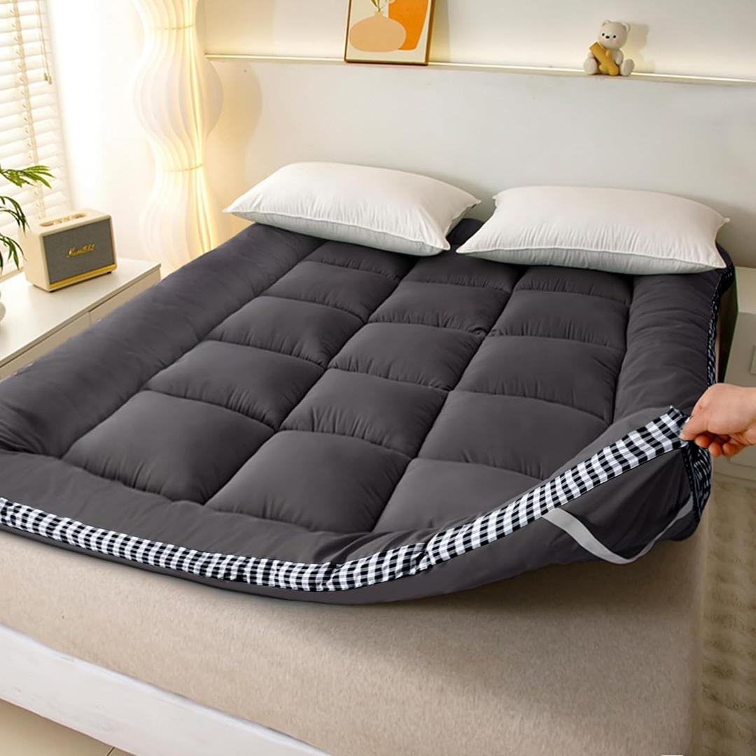 Thick Mattress Topper Queen Size - Non-Slip Mattress Pad Cover for Back Pain Breathable Folding Sleeping Pad Machine Washable Mattress Protector (54x75 inch,Black)