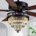 Crystal Chandelier Ceiling Fan with Lights and Remote, Farmhouse Fandelier with 3-Light, Quiet Chandelier Fan for Living Room Bedroom - Reversible AC Motor, 3-Speed, Wood Blades, Timing (52" Black)