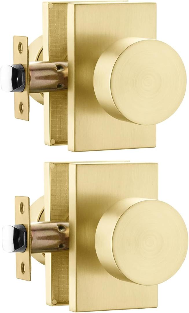 Goldenwarm Gold Door Knobs Passage, Zinc Alloy Brushed Gold Passage Door Knob, Heavy Duty Modern Hall and Closet Door Knobs, Hallway (2 Pack)