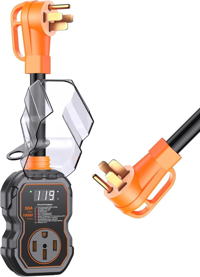 GEARGO Smart 50 Amp Surge Protector for RV with LED Display, 15000J Upgraded Power Surges Voltage Protection Circuit Analyze for Camper with Waterpoof Cover (Orange)