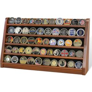 5 Rows Challenge Coin Holder Display Stand Holds 50 Coins for Wall Mount or Tabletop, Solid Wood Military Coin Rack Display Case for Collectibles, Walnut