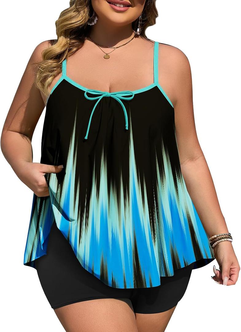 Summer Mae Plus Size Swimsuits for Women Two Piece Tankini Sets Tummy Control Bathing Suit Swimwear with Shorts (Black)