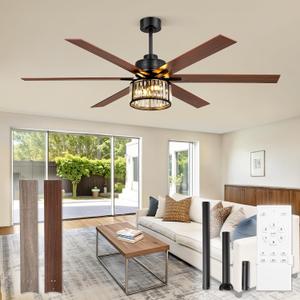 Fanbulous 65 Inch Farmhouse Crystal Ceiling Fan with Lights and Remote, Chandelier Ceiling Fan with Quiet Reversible DC Motor, Wood Blades - Ideal for Bedroom