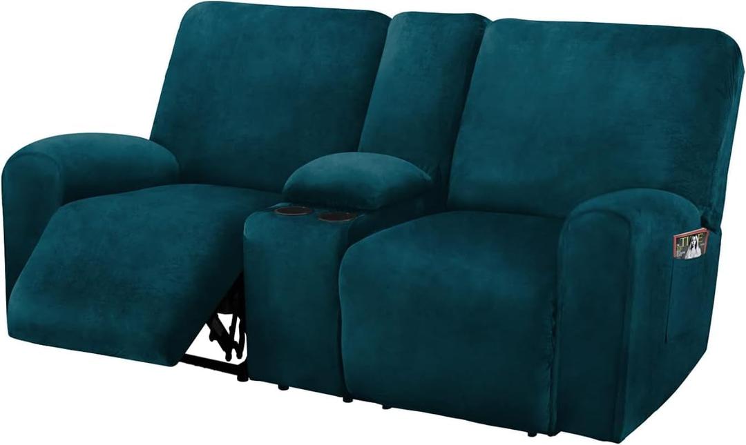 ULTICOR Ultimate Decor Reclining Love Seat with Middle Console Slipcover, 8-Piece Velvet Stretch Loveseat Reclining Sofa Covers, 2 seat Love seat Recliner Cover, Thick, Soft, Washable, (Deep Teal)