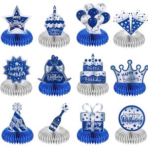 12 Pcs Happy Birthday Decorations for Men Blue Silver Honeycomb Centerpieces Party Supplies Paper Table Decorations Royal Table Centerpieces for Boys, Kids Party