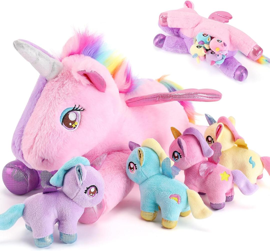 gnomantic 5 Pieces Unicorn Stuffed Animals - 1 Mommy Stuffed Unicorn with 4 Babies - Unicorns Gifts for Girls Ages 3-8, Unicorns Plush Toys for Christmas, Valentine's, Birthday Gifts (Pink & Purple)