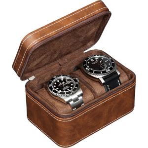 ROTHWELL 2 Watch Travel Case for Men | Compact PU Leather Protective Box with Microsuede Interior | Fits Watches & Smartwatches Up to 55mm (Tan/Brown)
