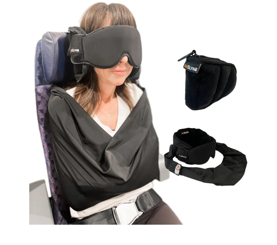 3-in-1 Airplane Sleep Support System - Integrated Plane Sleeping Accessories with Memory Foam Long Haul Flight Pillow, Adjustable Travel Eye Mask, and Blanket-Like Body Sling - Fits in Carry On