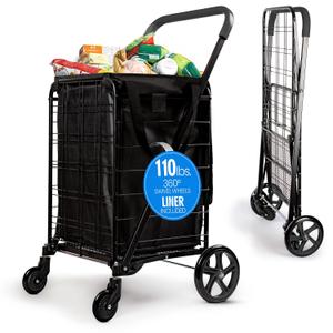 SereneLife Large Folding Utility Shopping Cart with Removable Liner – Heavy Duty, 360° Swivel Wheels, 110 lb Capacity, Portable for Groceries, Laundry, Luggage, and More (Black)