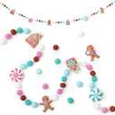 Newwiee Christmas Felt Garland 3D Felt Gingerbread Garland Hanging 8.2 ft Candy Pom Ball Banner for Christmas Holiday Playroom Mantel Wall Decoration