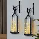 Metal Wall Sconce 35 Led Lantern Set of 2 - Black Wall Mounted Hanging Holder with Glass & Candles Vintage Wall Decor for Porch, Living Room, Dining Room, Bedroom Indoor Decor (copper wire)
