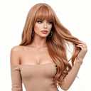 Rugelyss Long Wavy Strawberry Blonde Wigs for Women Soft Synthetic Light Coffee Wig with Straight Bangs for Halloween Cosplay or Costume