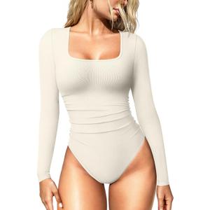 OQQ Women's Bodysuits Ruched Long Sleeve Square Neck Lounge Stretch Travel Bodysuits (Beige, M)