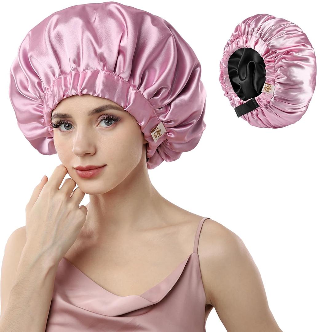 Years Calm Silk Bonnet for Sleeping Women, Double Layer Satin, Ajustable Elasticity Band Hair Satin Bonnet for Sleeping - Sleep Shower Caps (Pink, One Size)