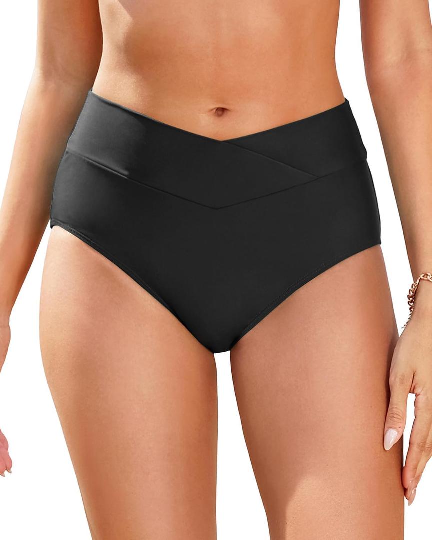 Women V Cut Bikini Bottoms - High Waisted Full Coverage Swimsuits Cross Front Bathing Suit Bottoms 2026 (Large, Black)