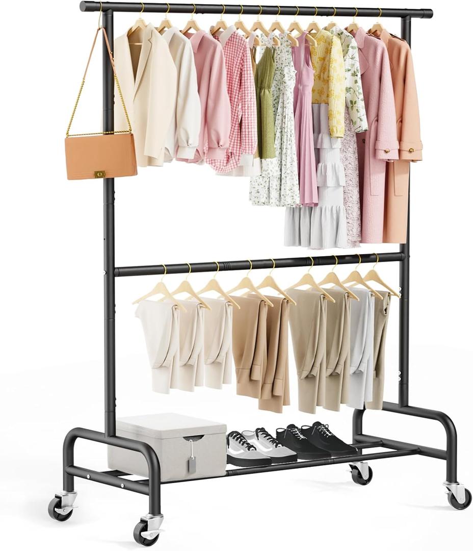 Abiglifty 2 Tier Clothes Racks for Hanging Clothes, Heavy-Duty Clothing Rack with Wheels,150LBS Capacity, 42" W X15 D X 77" H Garment Rack with Bottom Shelf, for Bedroom, Living Room, Black