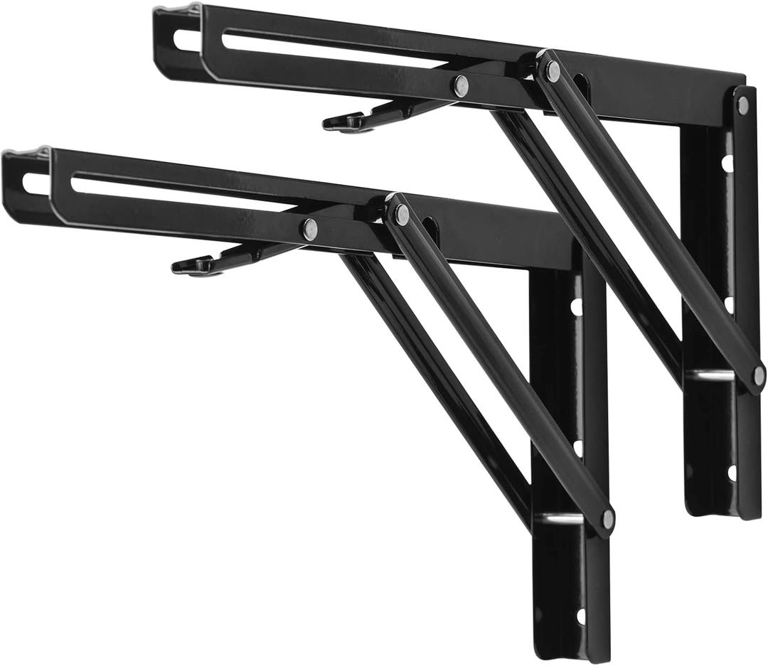 YUMORE Folding Shelf Bracket Heavy Duty, 12 Inch Collapsible Shelf Bracket, Black DIY L Bracket for Workbench Folding Table Hinge, Max Load: 330lbs, 2 Pack