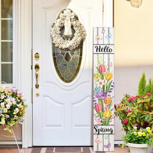 Threehoney 47" Large Spring Porch Sign Tulip Welcome Sign Wooden Tall Spring Porch Decor Leaner Rustic Farmhouse Front Door Decor for Holiday Outdoor Home Yard Entryway Gift