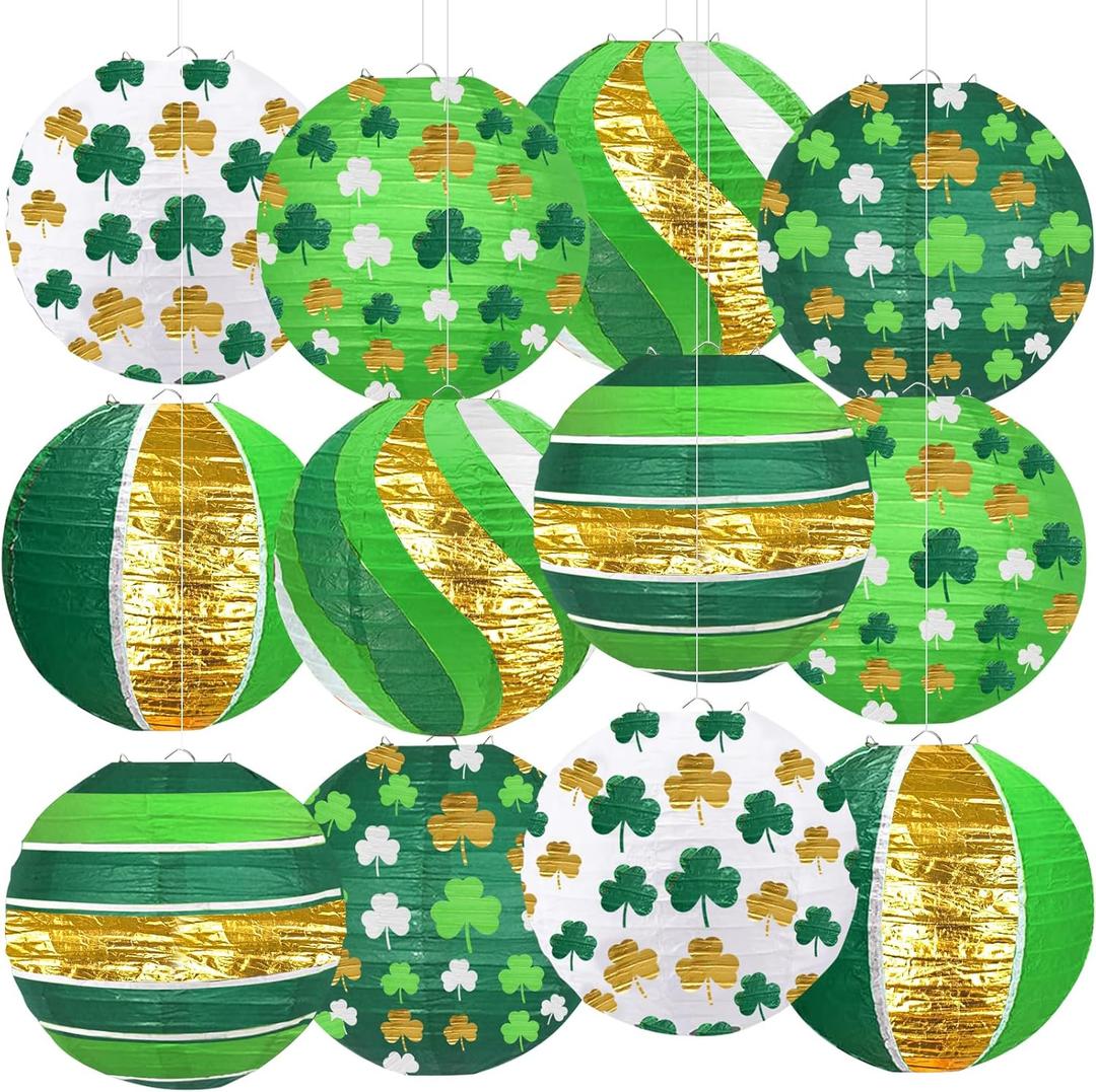 ADLKGG St Patrick's Day Paper Lanterns Party Decorations, Green Four-Leaf Clover Printed Hanging Round Paper Lanterns for Irish Party Saint Patrick's Day, Festive Indoor Outdoor Party Supplies, 12pcs (Green)