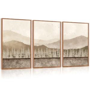 Aurlan Abstract Neutral Tan Nature Landscape Wall Art Set(16”x24”), 3 Pieces Duotone Beige Misty Mountain Framed Canvas Artwork, Large Modern Pine Tree Foggy Forest Wall Decor for Office Bedroom Living Room
