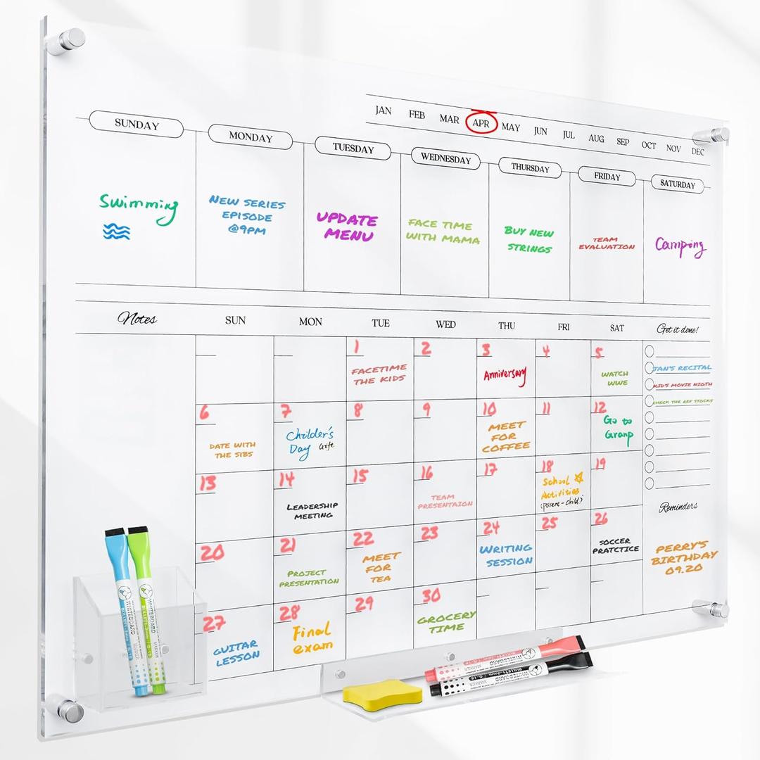 Acrylic Calendar for Wall - 24x18 Wall Calendar, Dry Erase Calender, Clear Calendar for Wall, Includes Magnetic Pen, Tray Holders, 4 Markers and 1 Eraser