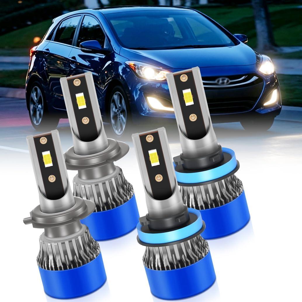 H7 H11 Light Bulbs Kit for Hyundai Elantra GT 2013-2017 | 6500K White 400% Brighter High Low Beam,Cooling Fan, Plug and Play, Pack of 4