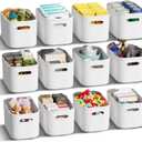 12 Pack White Plastic Storage Bins, Storage Container for Organizing, Storage Boxes with Handle for Shelves, Cute Organizer Bins for Craft, Snacks, Pantry, Cabinet, 9.69x6.7x5.7 inch