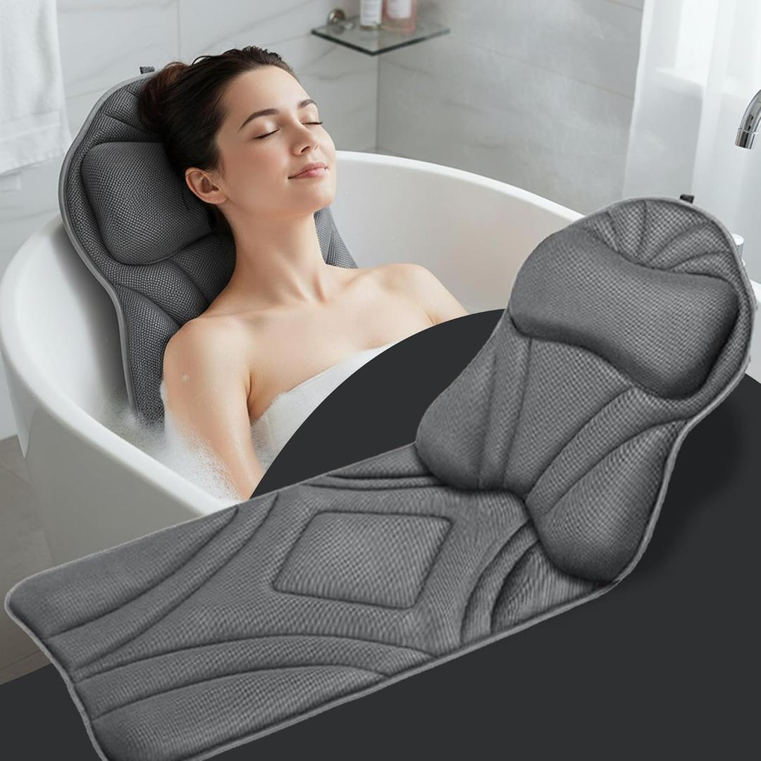 Rylor Full Body Bath Pillow  Luxury Cushion for Bathtub | Extra Large & Thick | Premium Packaging - Head, Neck, Shoulder & Back Support  Quick-Dry, Mold Resistant  for Women & Men (Gray)