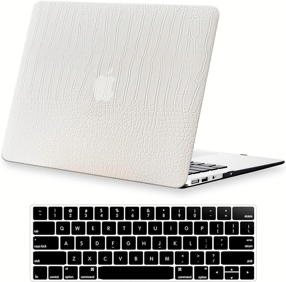 KEROM Compatible for Crocodile MacBook Pro 13 inch Case 2024-2016 M2 M1 A2338 A2289 A2251 A2159 A1989 A1706 A1708, Crocodile Skin Alligator Skin PU Leather Hard Shell Case & Keyboard Cover, White (# White Crocodile)