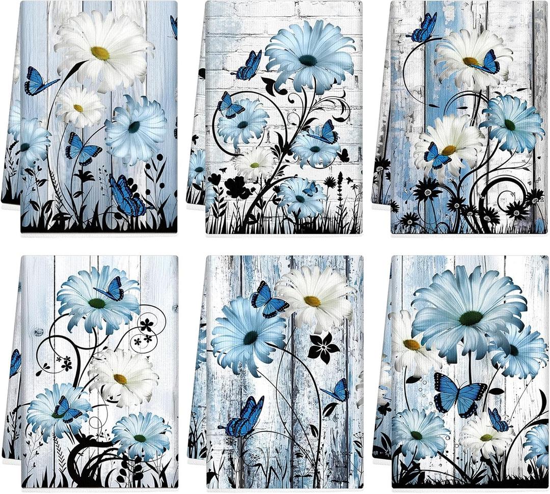 Breling Set of 6 Blue Daisy Kitchen Towel Vintage Themed Dish Towel Bathroom Decorative Rustic Tea Cloths for Kitchen Bathroom Home Cooking Housewarming Gifts, 14 x 21 Inch