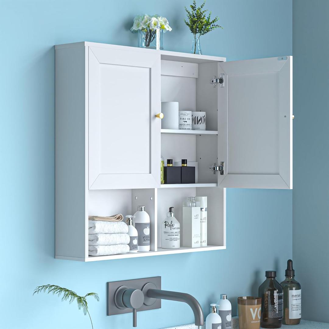 Bathroom Wall Cabinet, Medicine Cabinet with 2 Door and Adjustable Shelves,3-Tier Wood Hanging Storage Over The Toilet,White Wall Mounted Cabinet for Bathroom, Kitchen,Laundry Room