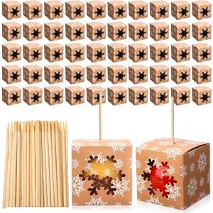 Ctosree 50 Sets Christmas Candy Apple Boxes with Hole and Stick 4 x 4 x 4 Caramel Apple Box Kit Cake Cookies Gift Packaging with Clear Window for Wedding Winter Xmas Party Supplies (Snowflake)