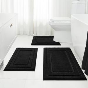 HOMEIDEAS Bathroom Rugs Sets 3 Piece, Super Soft and Absorbent Non Slip Microfiber Toilet Bath Mat with U-Shaped (Black) (1'4" x 2'8" (16"x24"+20"x32"+U Shape 20"x24"))