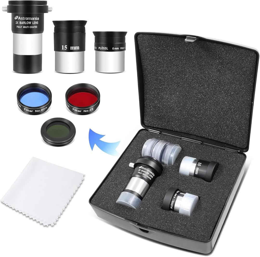 Astromania Telescope Eyepiece Set Accessory Kit for Astronomy Enthusiast Beginner, FMC 6mm Plossl 15mm Kellner Eyepiece Barlow Lens 2X with T Thread, Moon Filter 25&80A Color Filter&Sturdy Carry Case