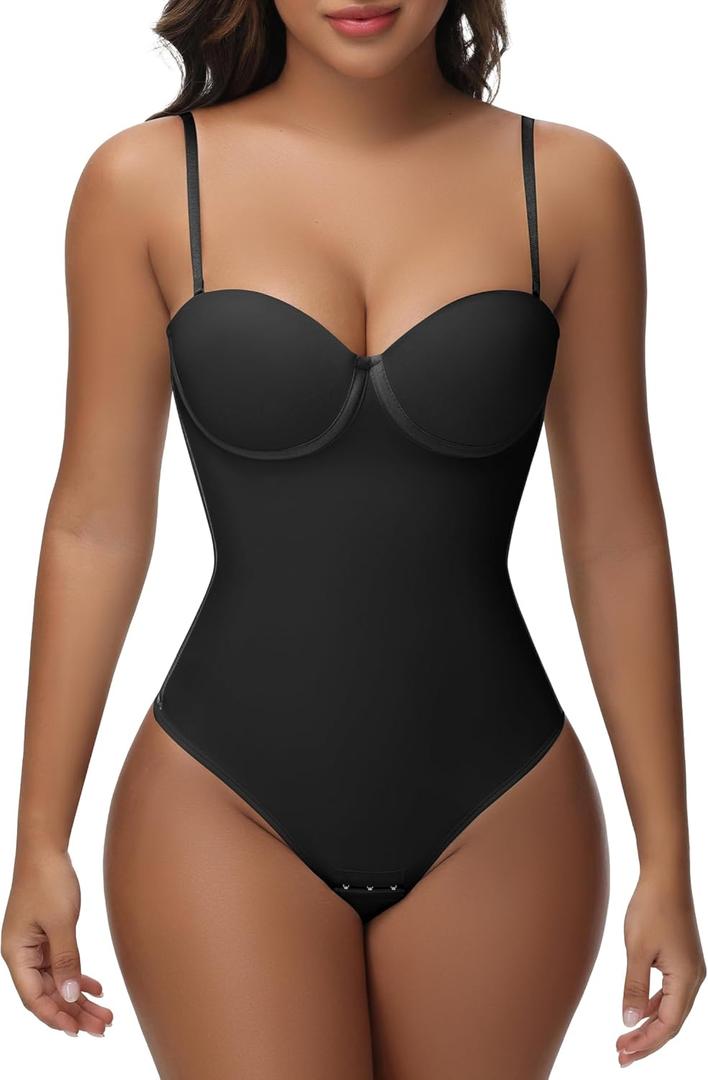 SHAPSHE Strapless Shapewear Corset Bodysuit Tops for Women Tummy Control V Neck Thong Body Shaper Going Out Outfits (Medium, Black)