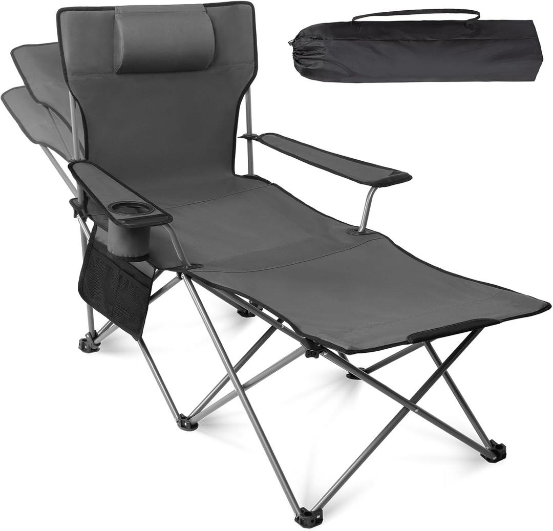 apollo walker Reclining Beach Chair, Adjustable 90-135° Backrest Camping Lounge Chairs for Adults, Folding Chair with Foot Rest & Detachable Pillow - Standard 6-Leg, Grey