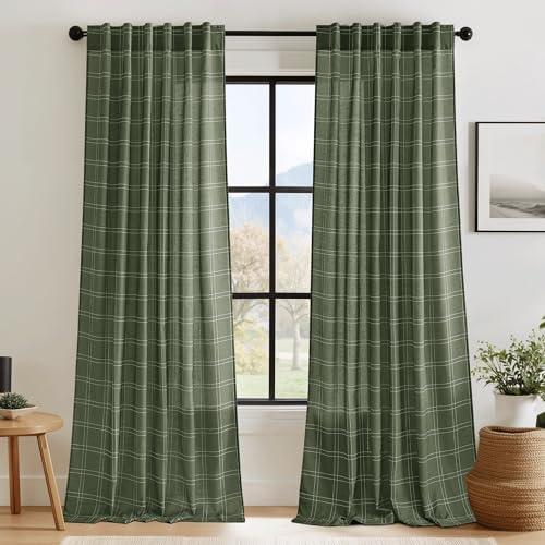RYB HOME Olive Green Curtains 96 Inches Long, Linen Blend Soft Light Filtering Gingham Curtains Farmhouse Bedroom Curtains Window Drapes, Rod Pocket Back Tab, Each 52W x 96L, Set 2 Panels