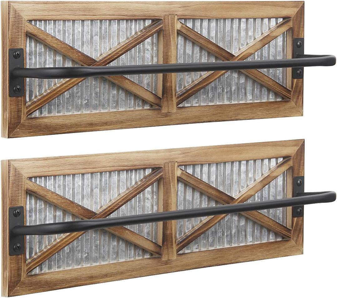 2PCS Rustic Bathroom Towel Rack, Butizone Wall Mounted Towel Bar Holder with Weathered Wood and Corrugated Galvanized Metal, Farmhouse Rack for Hanging Towel (Towels are not Included) (Brown - 2 Pack)
