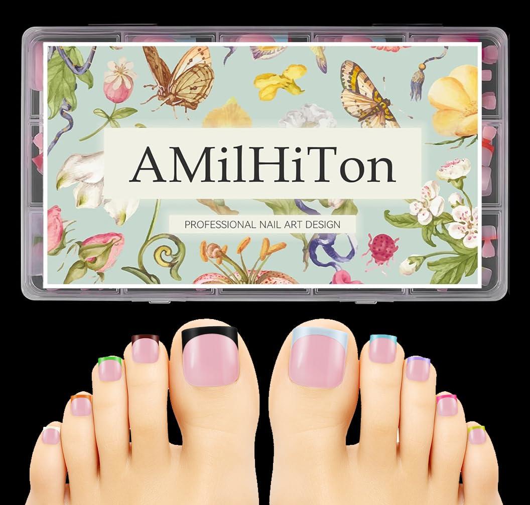 300PCS Long Square French Tip Toe Nail Tips for Wide Long Toenails, Soft Rose 10-Color Matte Full Cover Press-On Toenails, 15 Sizes that Finally Fit for DIY French Pedicure & Nail Salon